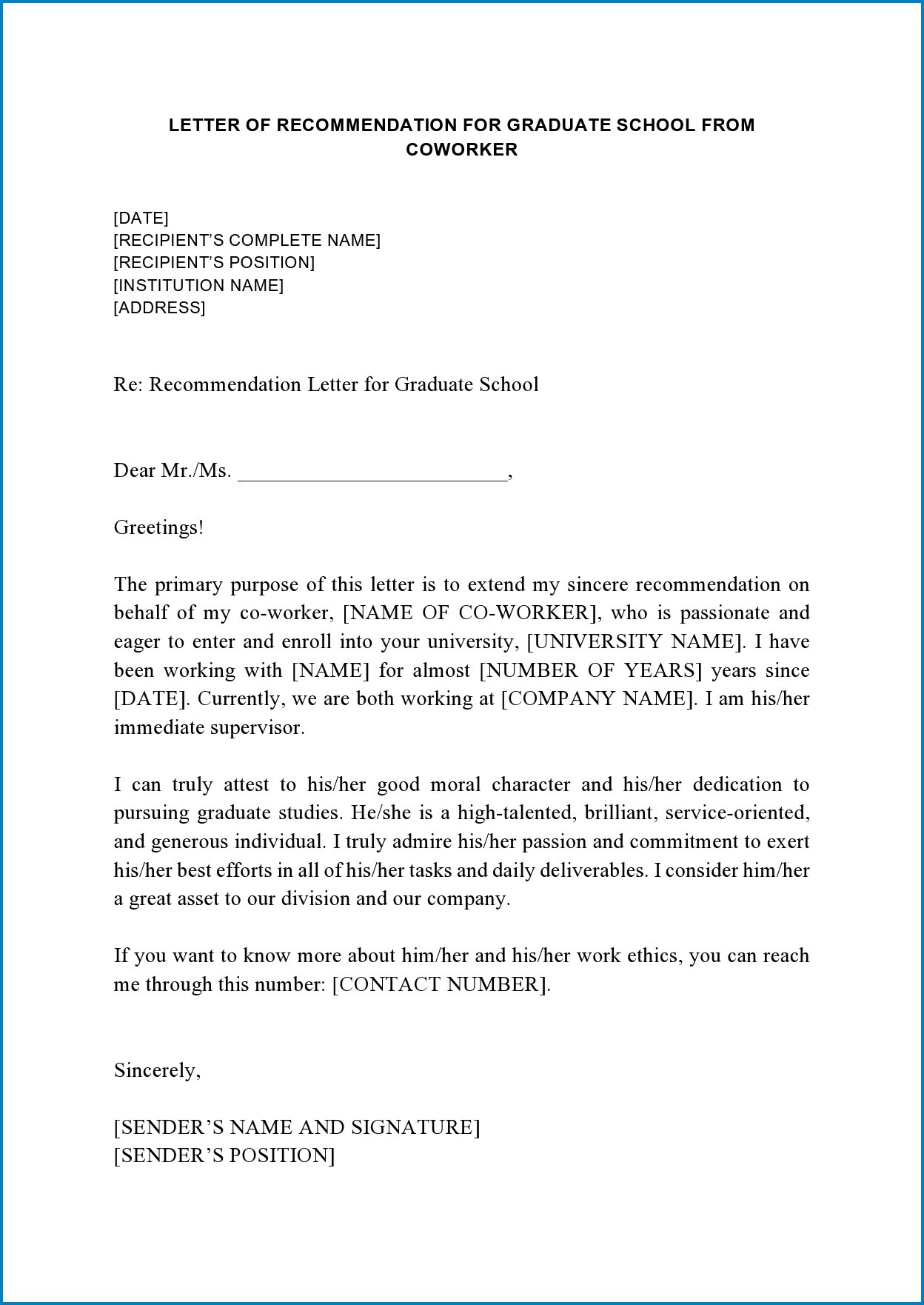 Coworker Letter Of Recommendation Template Example