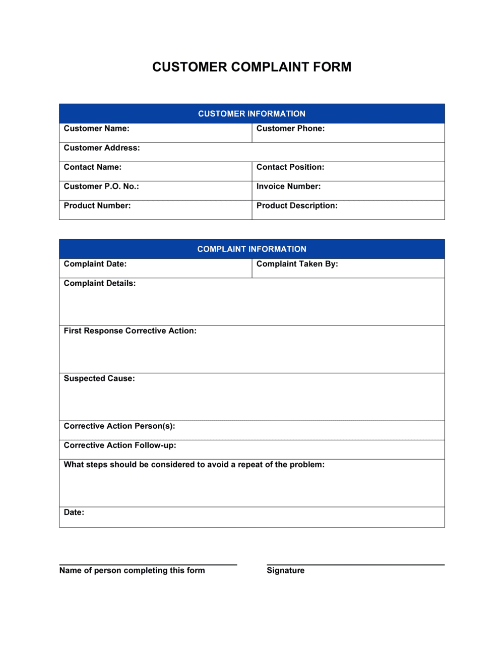 Customer Complaint Form Example