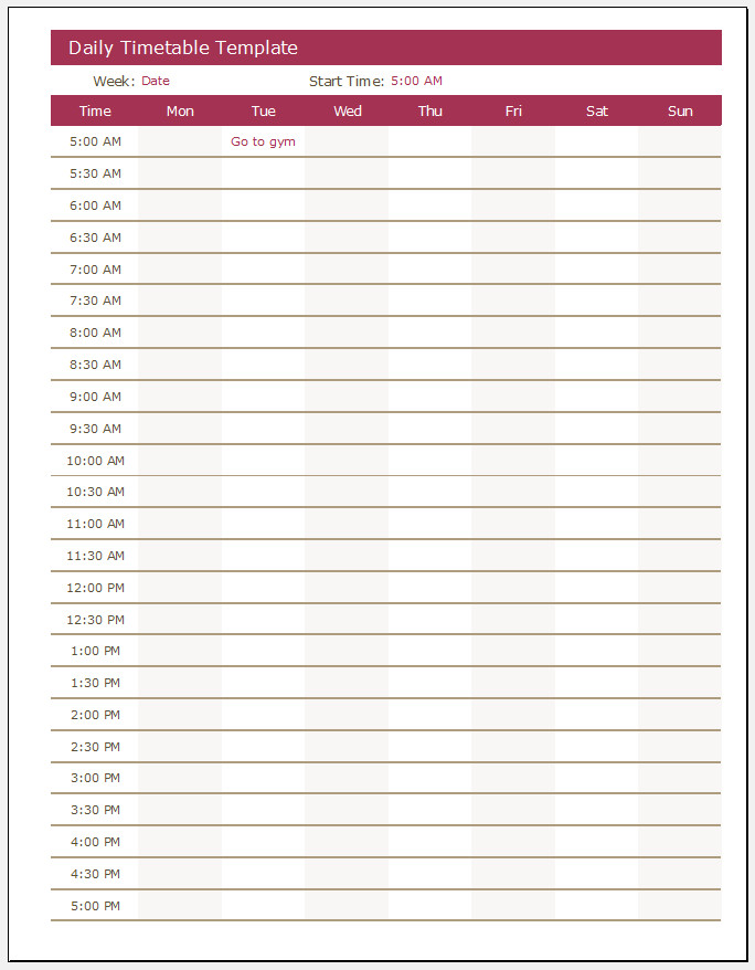 Daily Timetable Template Daily Timetable Template