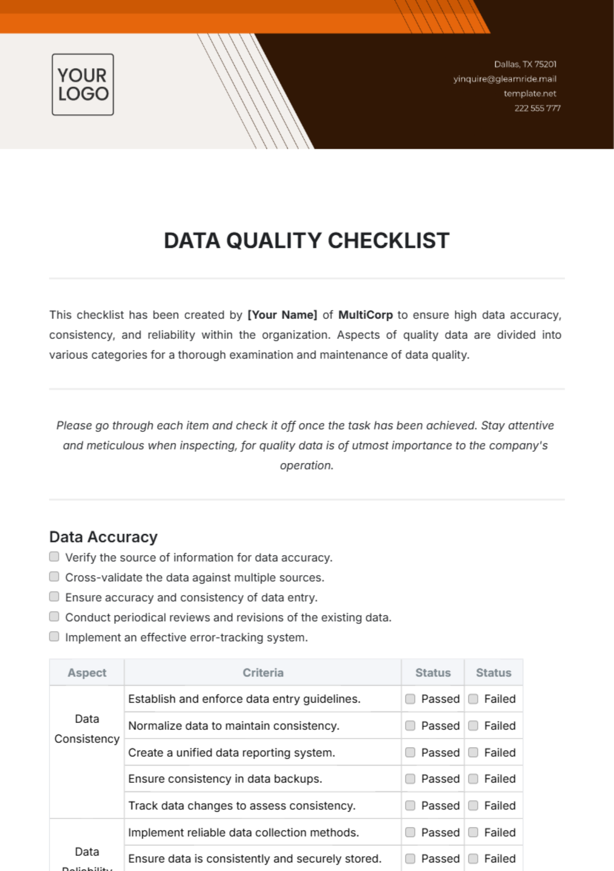 Data Quality Checklist Template Sample