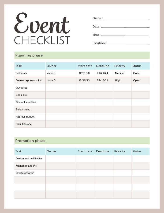 Day of Event Checklist Template Example