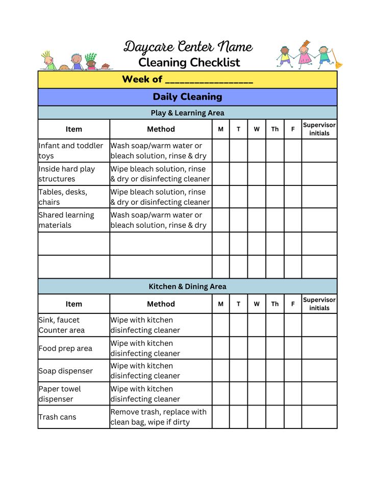 Daycare Cleaning Checklist Template Example