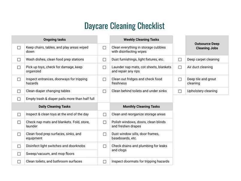 Daycare Cleaning Checklist Template Sample