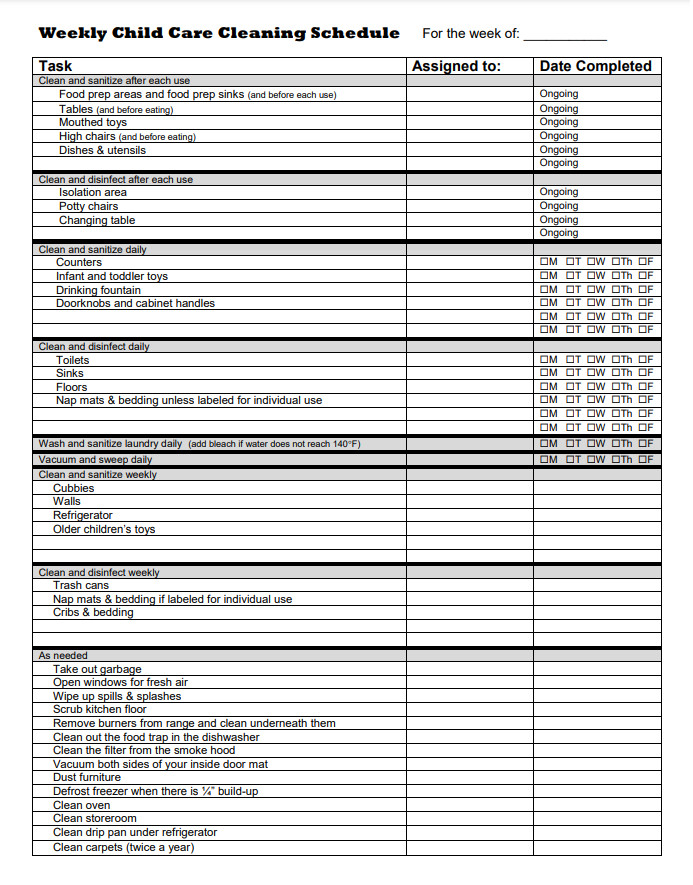 Daycare Cleaning Checklist Template