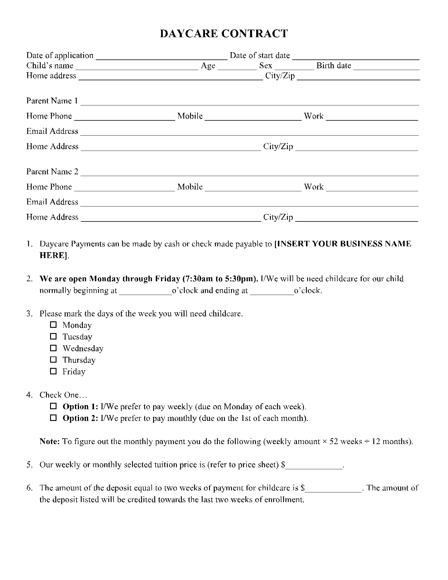 Daycare Contract Template Example