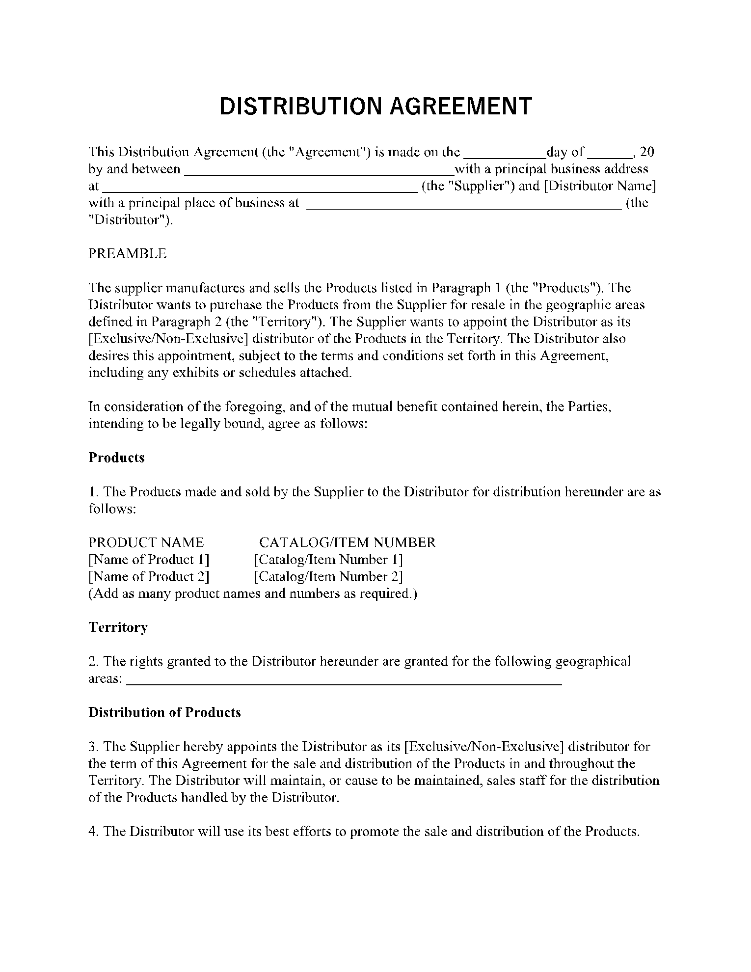 Distribution Agreement Template Example