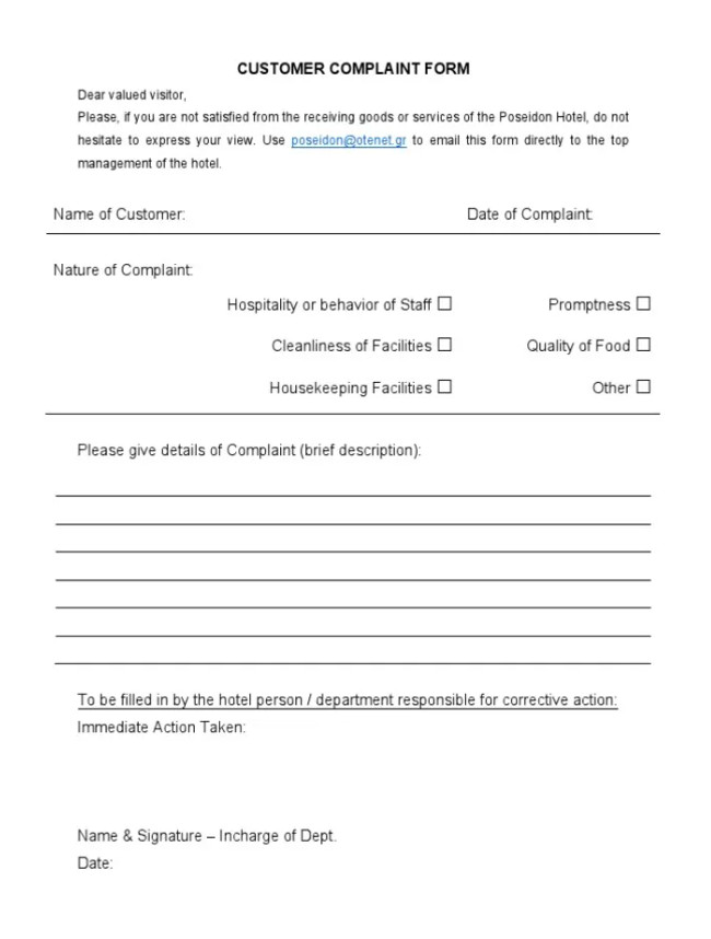 Example of Customer Complaint Form