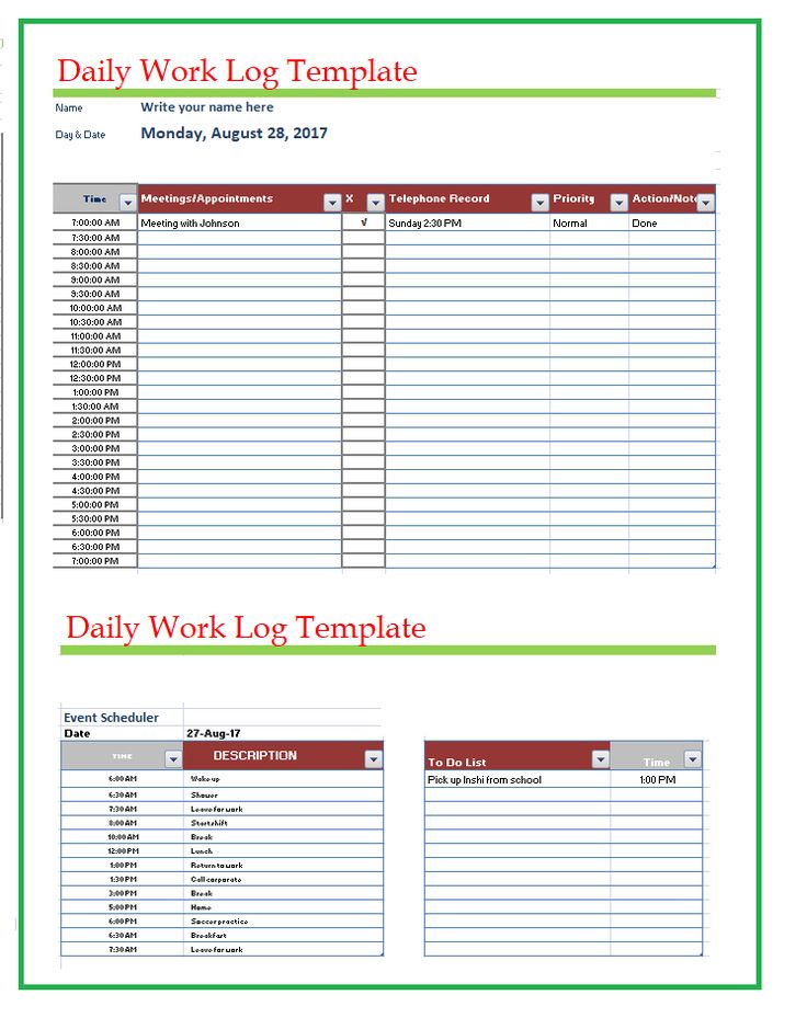 Example of Daily Work Log Template