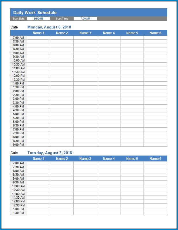 Example of Daily Work Schedule Template Example of Daily Work Schedule Template