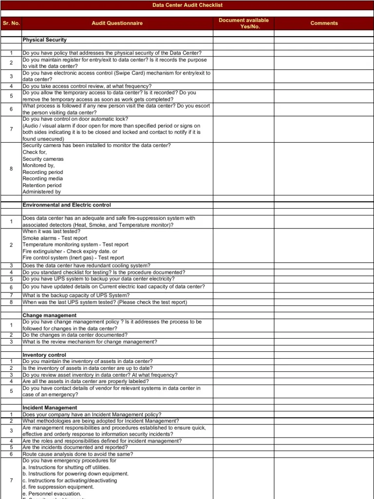 Example of Data Center Maintenance Checklist Template