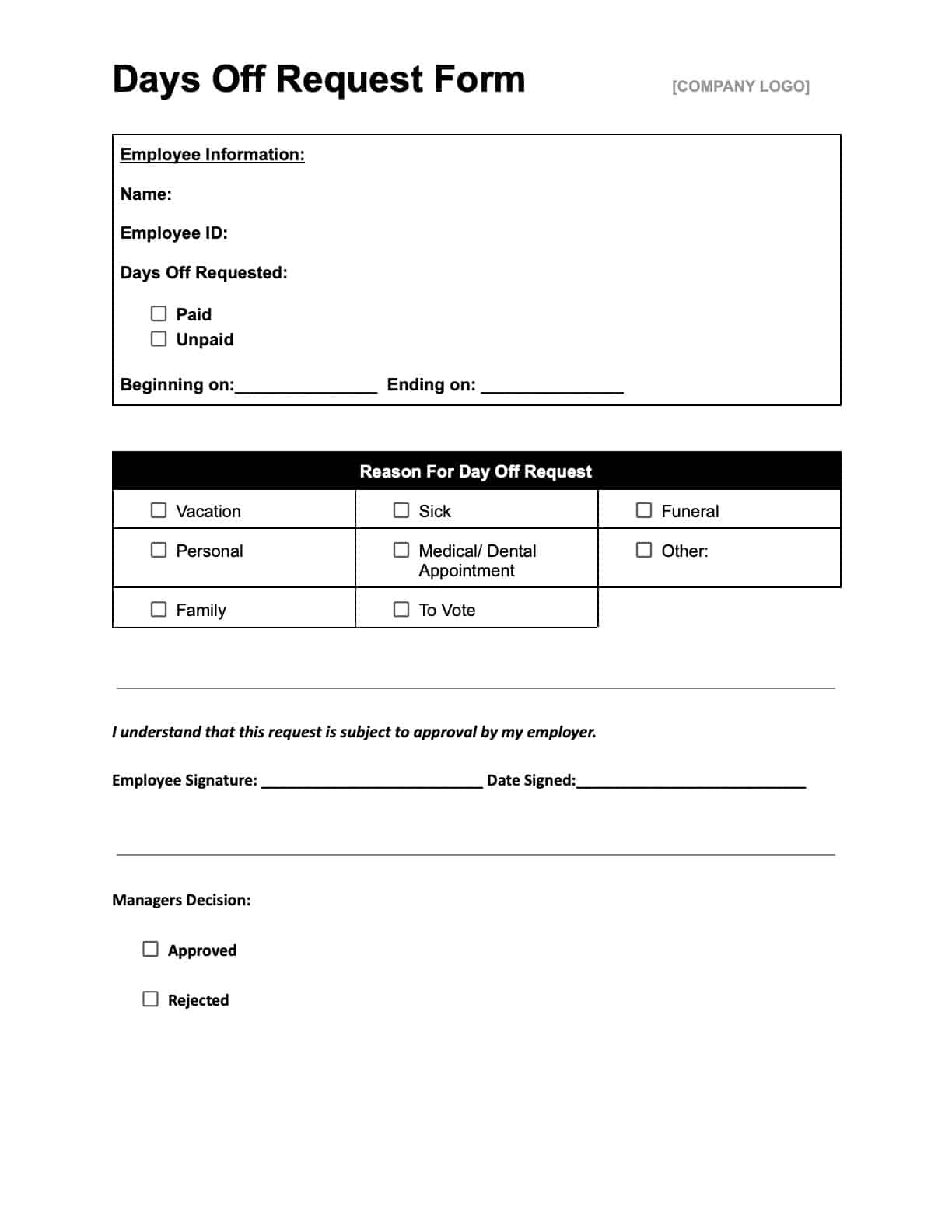 Example of Day Off Request Form