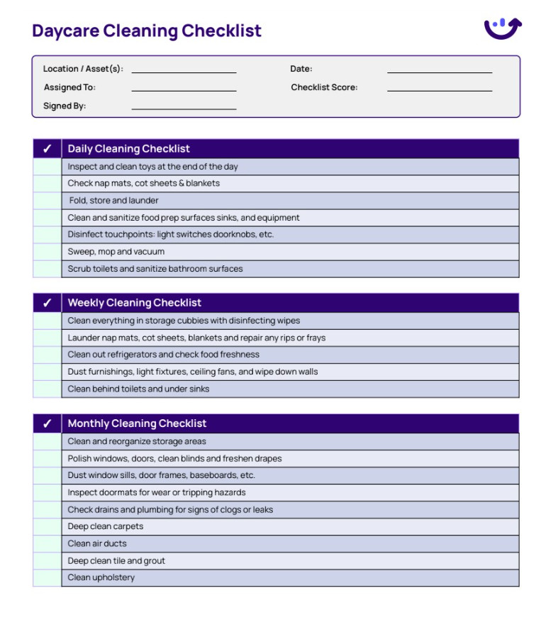 Example of Daycare Cleaning Checklist Template