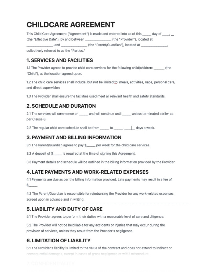 Example of Daycare Contract Template