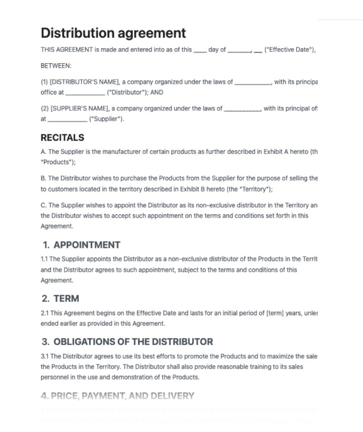 Example of Distribution Agreement Template