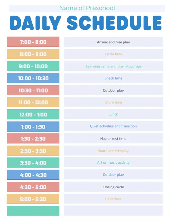 Example of Preschool Daily Schedule Template Example of Preschool Daily Schedule Template