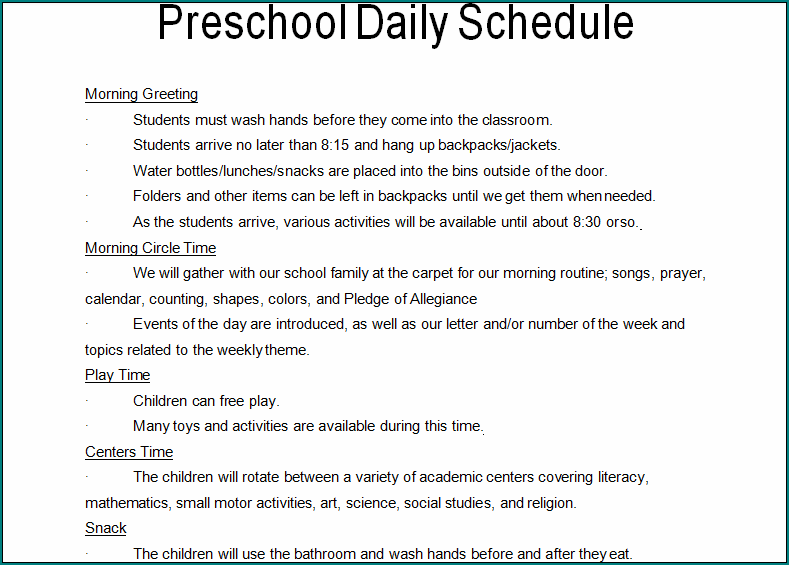 Preschool Daily Schedule Template Preschool Daily Schedule Template