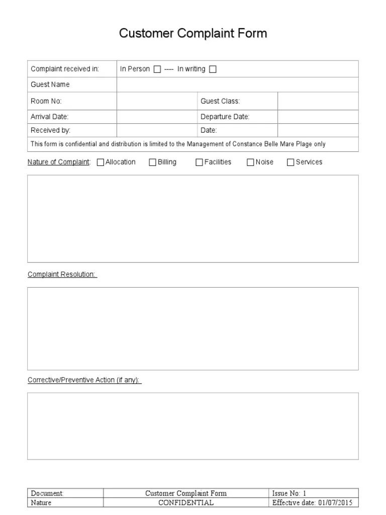 Sample of Customer Complaint Form