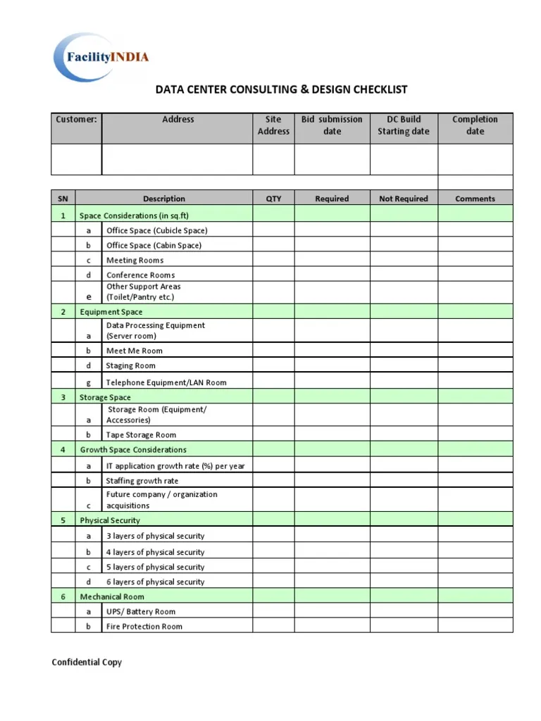 Sample of Data Center Maintenance Checklist Template