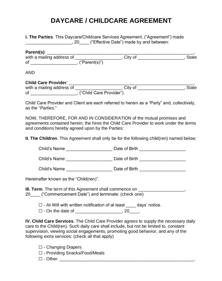 Sample of Daycare Contract Template