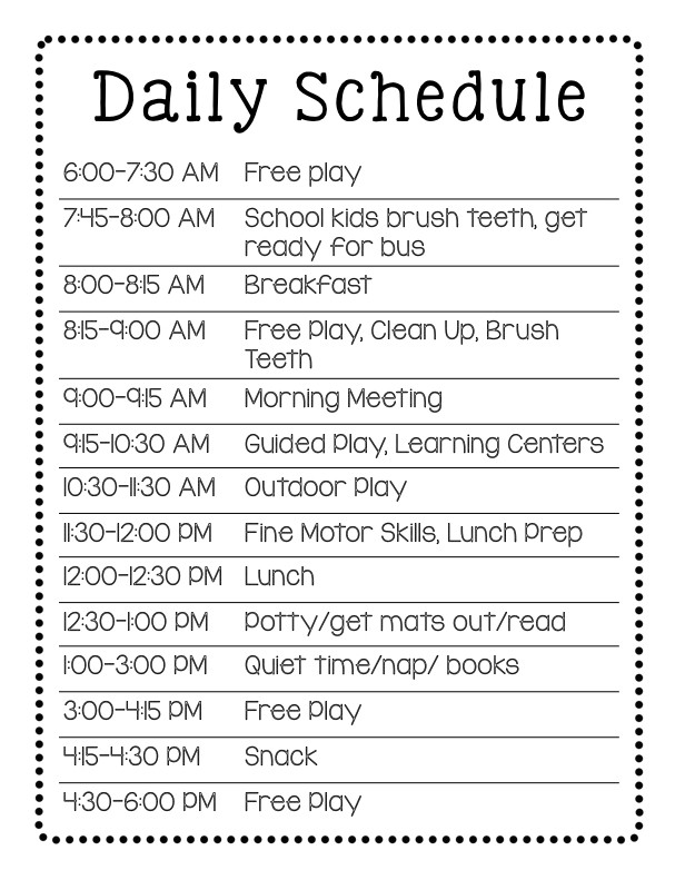 Sample of Preschool Daily Schedule Template Sample of Preschool Daily Schedule Template
