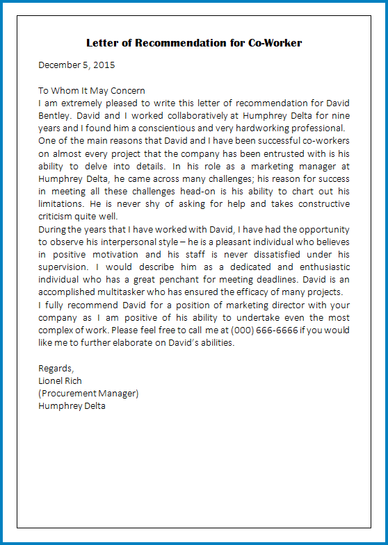 coworker letter of recommendation template